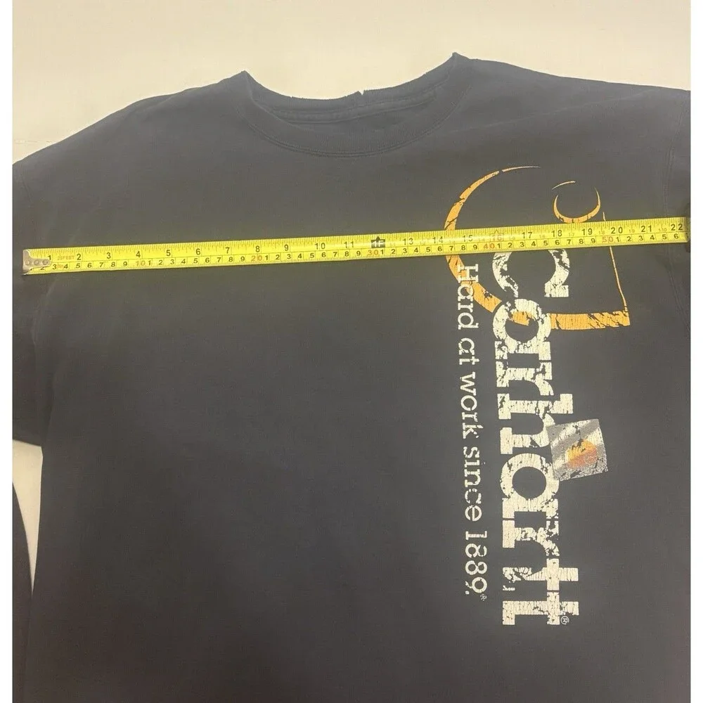 Distressed Carhartt Mens Black Hard at Work Graphic Logo Crew Neck L/S T-Shirt L